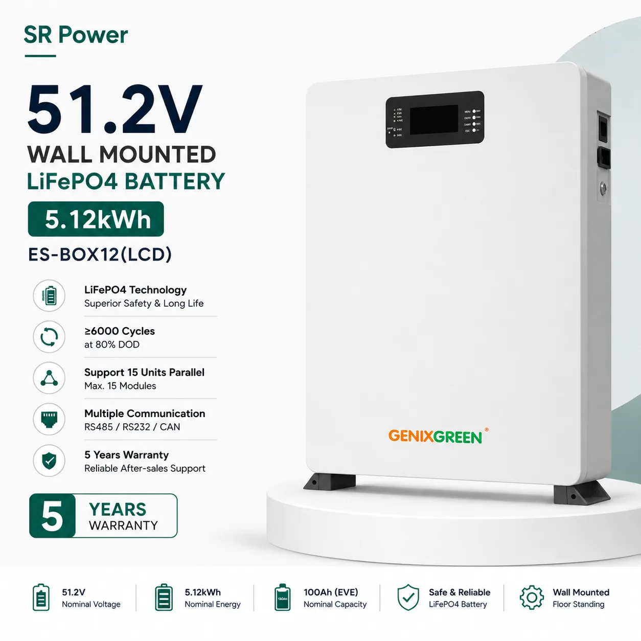 51.2V 5kWh Wall Mounted LiFePO4 Battery, Model LB5110001